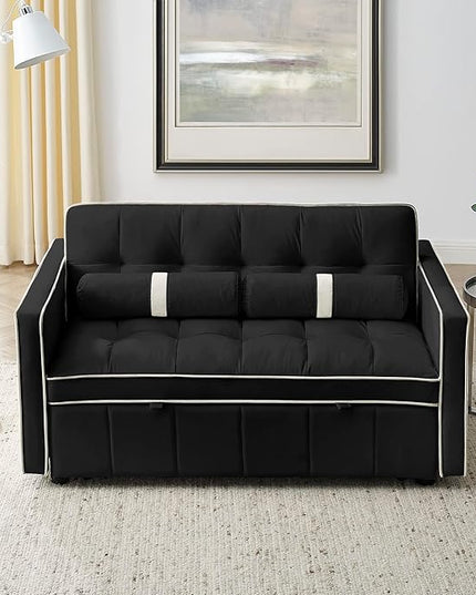 3 in 1 Tufted Sleeper Sofa Cylindrical Pillows,Modern Convertible Loveseat Sofá W Pull Out Sleep Couch Bed and Side Pockets,Velvet Upholstered Love Seat Sofabed for Living Room, 55.5", Black1 - LeafyLoom