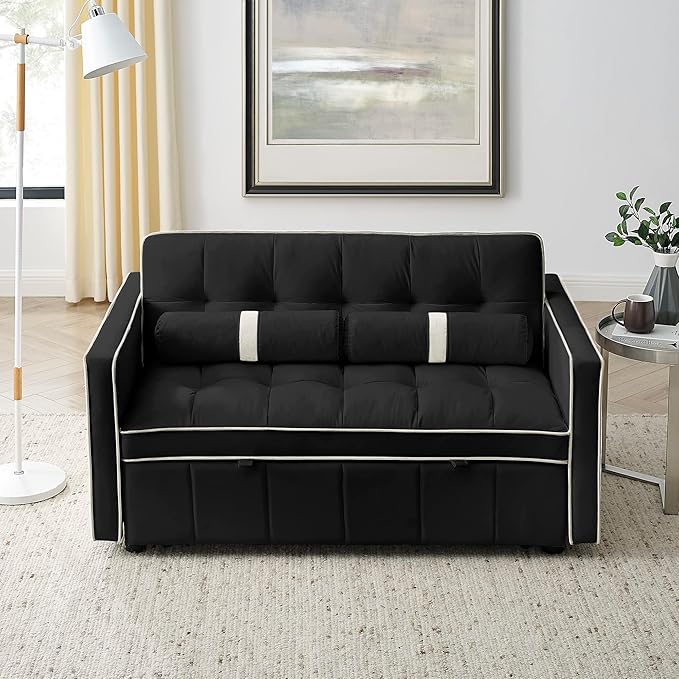 3 in 1 Tufted Sleeper Sofa Cylindrical Pillows,Modern Convertible Loveseat Sofá W Pull Out Sleep Couch Bed and Side Pockets,Velvet Upholstered Love Seat Sofabed for Living Room, 55.5", Black1 - LeafyLoom