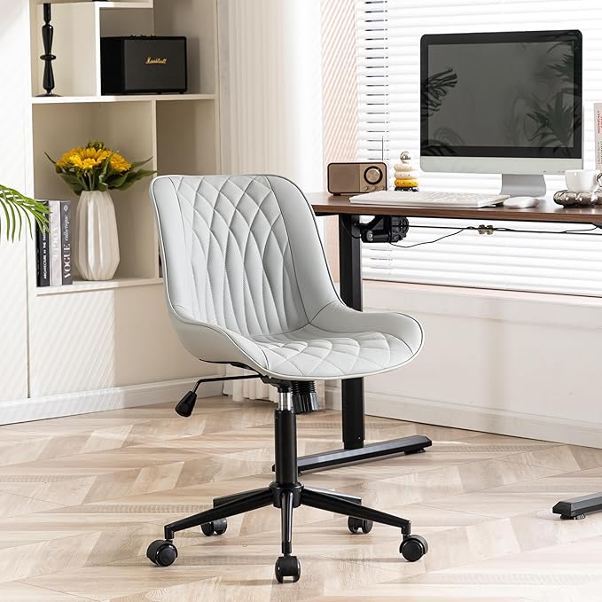YOUNIKE Desk Chair with Wheels Armless Office Chair Swivel Rolling Task Chair with Back Upholstered Faux Leather Computer Chair Height Adjustable Modern Ergonomic Seat, Loads 300 lbs, Grey - LeafyLoom