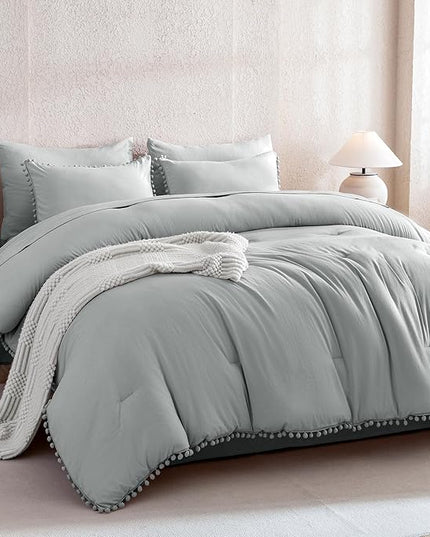 Litanika Queen Size Comforter Set Light Grey,3 Pieces Light Grey Boho Pom Pom Lightweight Bed Comforter, All Season Soft Solid Color Bedding Comforter Sets (1 Comforter 90x90 Inch, 2 Pillowcases) - LeafyLoom