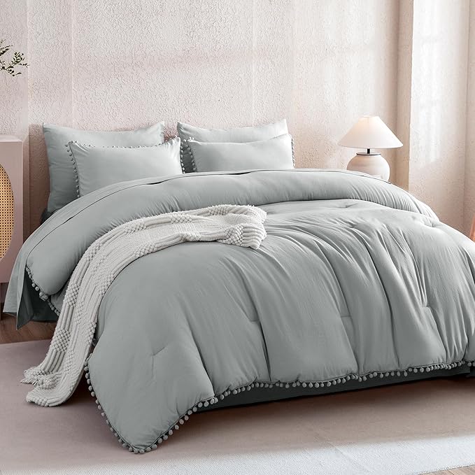 Litanika Queen Size Comforter Set Light Grey,3 Pieces Light Grey Boho Pom Pom Lightweight Bed Comforter, All Season Soft Solid Color Bedding Comforter Sets (1 Comforter 90x90 Inch, 2 Pillowcases) - LeafyLoom