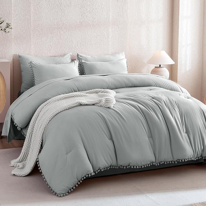 Litanika King Size Comforter Set Light Grey,3 Pieces Light Grey Boho Pom Pom Lightweight Bed Comforter, All Season Soft Solid Color Bedding Comforter Sets (1 Comforter 104x90 Inch, 2 Pillowcases) - LeafyLoom