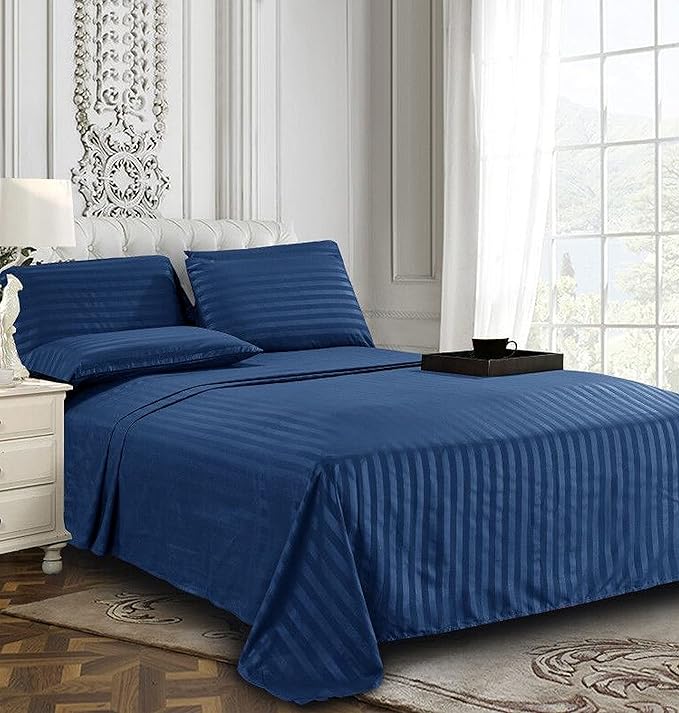 Elegant Comfort Best, Softest, Coziest 6-Piece Sheet Sets! - 1500 Premier Hotel Quality Luxurious Wrinkle Resistant 6-Piece DAMASK STRIPE Bed Sheet Set, Queen Navy Blue - LeafyLoom