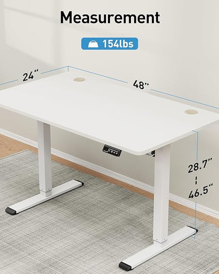 MOUNTUP Height Adjustable Electric Standing Desk Whole-Piece, 48 x 24 Inches Quick Assembly Sit Stand Desk, Stand Up Desk with Memory Controller, Ergonomic Desk, White - LeafyLoom
