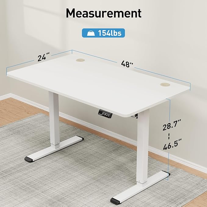 MOUNTUP Height Adjustable Electric Standing Desk Whole-Piece, 48 x 24 Inches Quick Assembly Sit Stand Desk, Stand Up Desk with Memory Controller, Ergonomic Desk, White - LeafyLoom