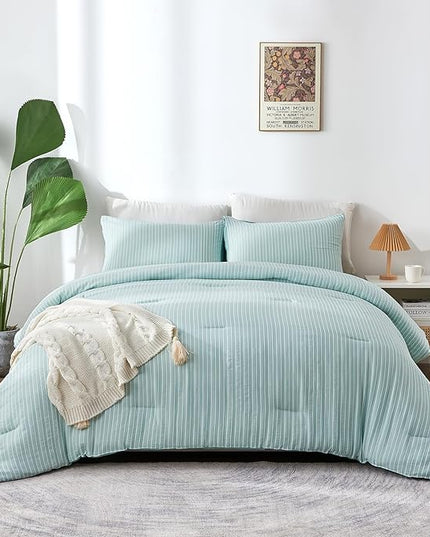 ENCOFT Green Comforter Twin, 3 Piece Elegant Textured White and Green Striped Twin Comforter Set, Ultra Soft All Seasons Extra Long Twin XL Comforter, with 2 Pillowcases, 68" x 90" - LeafyLoom