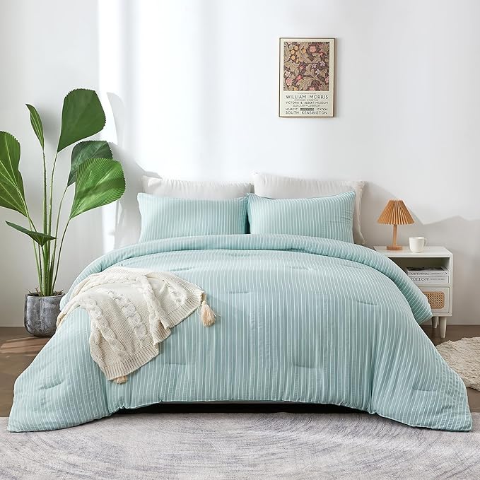 ENCOFT Green Comforter Twin, 3 Piece Elegant Textured White and Green Striped Twin Comforter Set, Ultra Soft All Seasons Extra Long Twin XL Comforter, with 2 Pillowcases, 68" x 90" - LeafyLoom