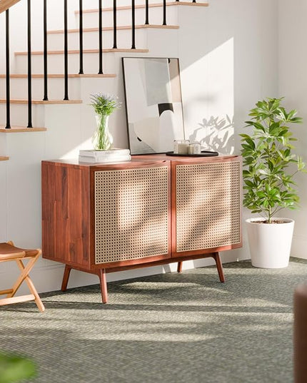 Bme Nancy Accent Cabinet, Elegant Curved Entryway Table with Storage with Soft-Close Doors, Solid Acacia Wood Frame with Adjustable Shelf and Levelers, Easy to Assemble, Anti-Tip Kit Included - LeafyLoom