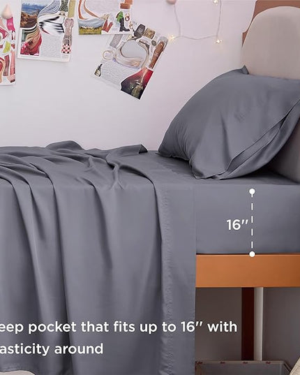 Bedsure Twin XL Sheet Set Dorm Bedding, Cooling Sheets Twin Extra Long Sheets, Rayon Derived from Bamboo, Deep Pocket Up to 16", Hotel Luxury Silky Bedding Sheets & Pillowcases, Dark Grey - LeafyLoom