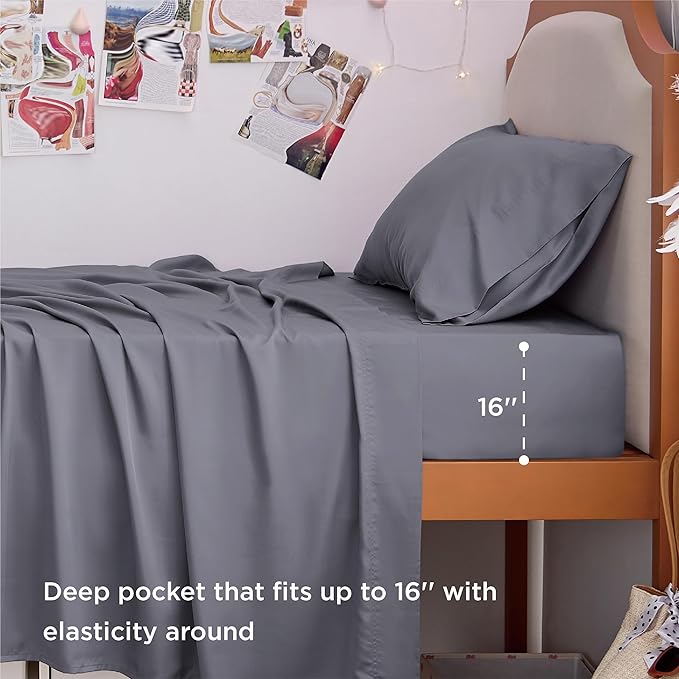 Bedsure Twin XL Sheet Set Dorm Bedding, Cooling Sheets Twin Extra Long Sheets, Rayon Derived from Bamboo, Deep Pocket Up to 16", Hotel Luxury Silky Bedding Sheets & Pillowcases, Dark Grey - LeafyLoom