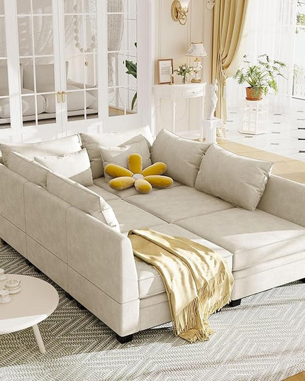 115.1" Modern Large U-Shape Modular Sectional Sofa with Reversible Chaise and Storage Seat, Convertible Sleeper Couch Bed for Living Room, Apartment, Office, Beige, 115.1 Inch - LeafyLoom
