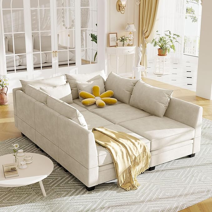 115.1" Modern Large U-Shape Modular Sectional Sofa with Reversible Chaise and Storage Seat, Convertible Sleeper Couch Bed for Living Room, Apartment, Office, Beige, 115.1 Inch - LeafyLoom