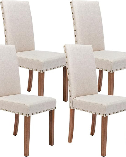 Upholstered Parsons Dining Chair with Nailhead Trim and Sturdy Solid Wood Legs, Set of 4, Cream - LeafyLoom