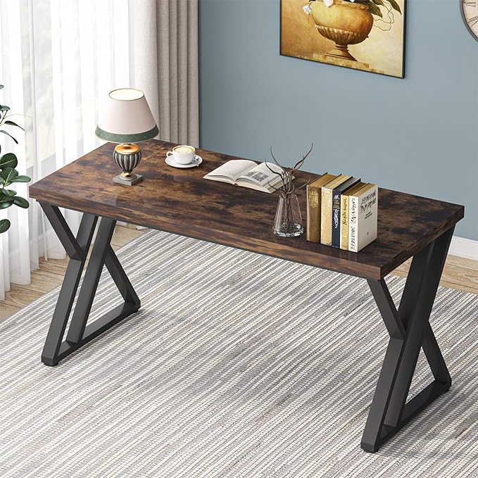 55 Inch Large Simple Industrial Computer Desk Study Writing Table Home Office Workstation,Rustic Brown - LeafyLoom