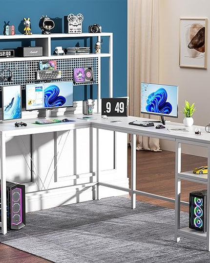 L Shaped Desk with Hutch & Pegboard - Reversible 67" L Shaped Gaming Desk with LED Lights, Corner Computer Desk with Storage Shelves, White - LeafyLoom