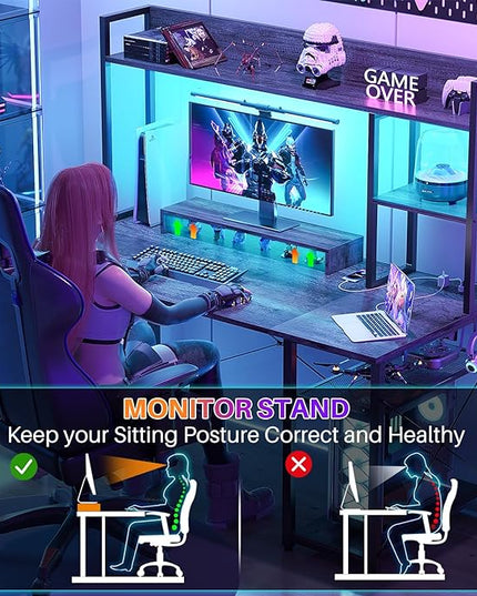 Cyclysio Gaming Desk with Hutch, 47'' Computer Desk with LED Lights & Power Outlets, Home Office Desk with Reversible 5 Tiers Storage Shelves & Monitor Stand, Small Gaming Table for Small Space, Grey - LeafyLoom