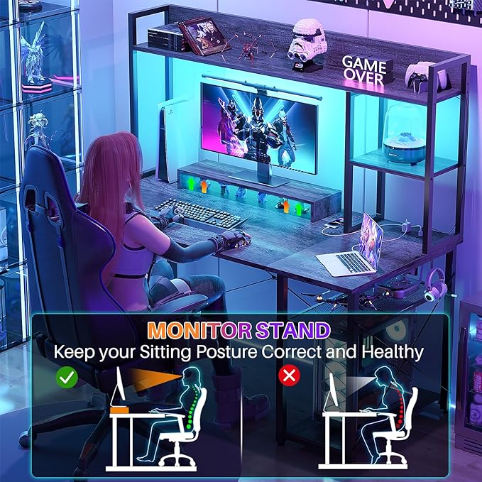 Cyclysio Gaming Desk with Hutch, 47'' Computer Desk with LED Lights & Power Outlets, Home Office Desk with Reversible 5 Tiers Storage Shelves & Monitor Stand, Small Gaming Table for Small Space, Grey - LeafyLoom