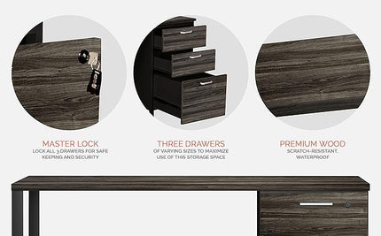 Milano Home Office Desk - 47Inch Space Grey/Black Home Office Desk with Drawers - Modern Computer Desk with Storage, Detachable & Lockable Computer Cabinet - Wooden Office, Study, and Writing Table - LeafyLoom