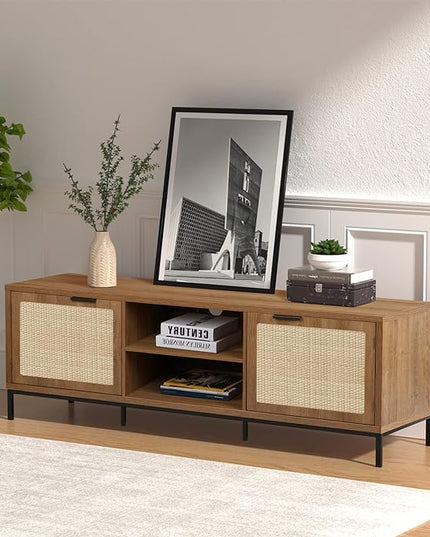 Anmytek Farmhouse Rattan TV Stand for 65 Inch TV Rustic TV Console Table with 2 Rattan Doors Modern Entertainment Center for Living Room Bedroom H0033 - LeafyLoom