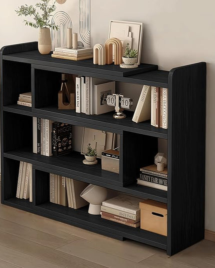 4-Tier Wooden Bookshelf, Expandable 25-47 inch Wide Bookcase, Modern Freestanding Bookcas for Small Space or Corner (Black) - LeafyLoom