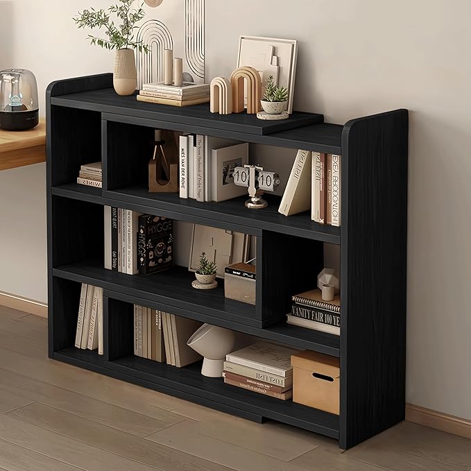 4-Tier Wooden Bookshelf, Expandable 25-47 inch Wide Bookcase, Modern Freestanding Bookcas for Small Space or Corner (Black) - LeafyLoom