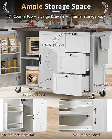 54.5" Farmhouse Island with Power Outlet & Drop Leaf, Rolling Kitchen Cart on Wheels w/Internal Storage, Spice, Towel Rack and Drawers, for Home, Dining Room, White, 54.5 Inch - LeafyLoom