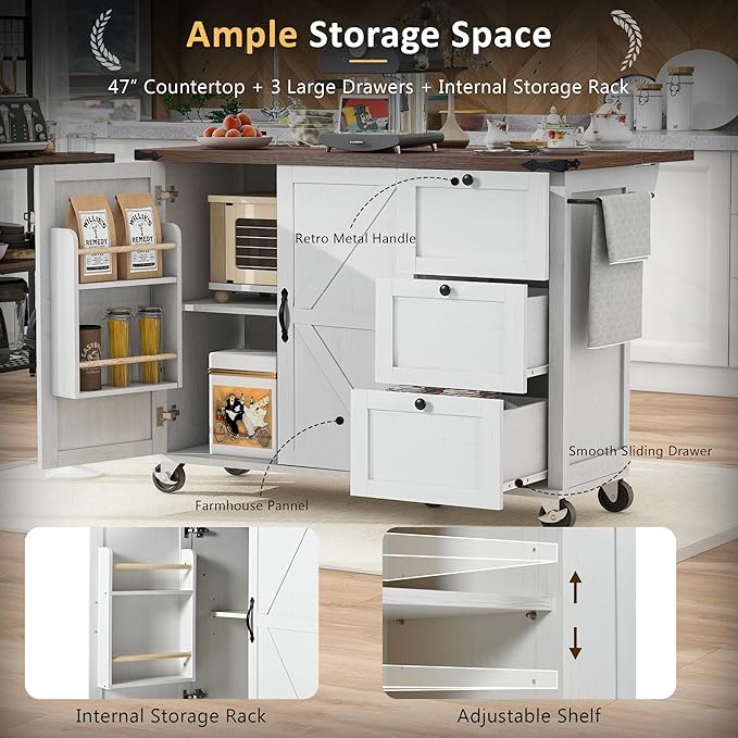 54.5" Farmhouse Island with Power Outlet & Drop Leaf, Rolling Kitchen Cart on Wheels w/Internal Storage, Spice, Towel Rack and Drawers, for Home, Dining Room, White, 54.5 Inch - LeafyLoom