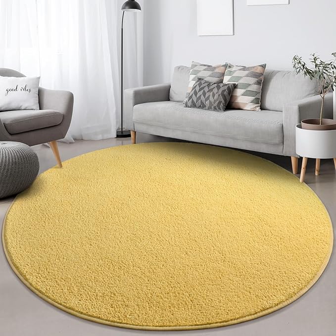 Round Area Rugs for Bedroom Living Room, 4x4 Yellow Super Soft Comfy Thickened Memory-Foam Indoor Circle Carpets, Modern Aesthetic Minimalist Carpet for Boys Girls Adults Nursery Home Décor - LeafyLoom
