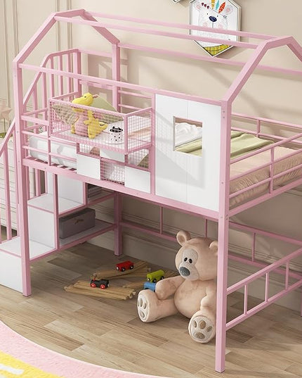 Twin Size Metal Loft Bed with roof Design and a Storage Box,House Shaped Stairway Metal Bedframe w/Guardrail & Roof Design, for Kids Boys Girls Bedroom, Pink - LeafyLoom