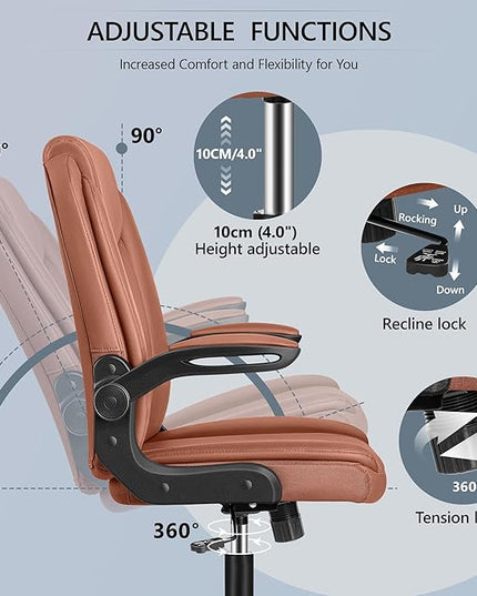 Office Chair Ergonomic Computer Desk Chair, Executive Leather Office Chair with Adjustable Flip-up Armrests Height, Swivel Task Chair with Lumbar Support Rocking Function for Home Office(Brown) - LeafyLoom