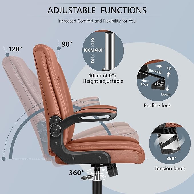 Office Chair Ergonomic Computer Desk Chair, Executive Leather Office Chair with Adjustable Flip-up Armrests Height, Swivel Task Chair with Lumbar Support Rocking Function for Home Office(Brown) - LeafyLoom