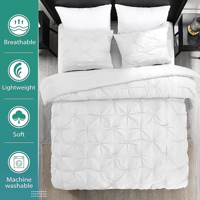 downluxe Pintuck Queen Comforter Set with 2 Pillow Shams - 3-Piece - White Queen Bed Comforter Set for All Seasons, Pinch Pleat Microfiber Down Alternative Bedding Comforter Sets - LeafyLoom