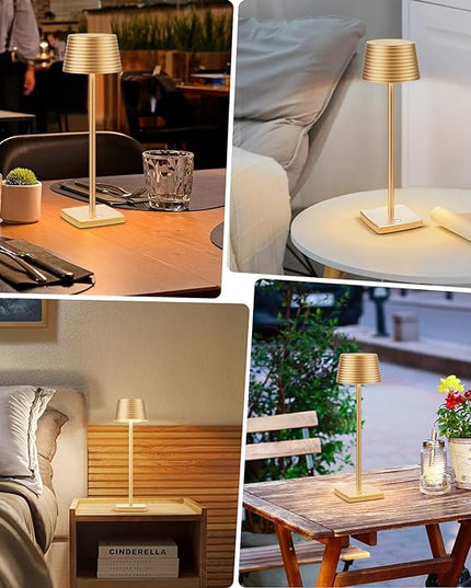 Rechargeable Cordless Table Lamp, Battery 6000mAh Metal Aluminum Housing USB LED Portable Powered Desk Lamp, 3 Levels Brightness Night Light for Restaurants Bars Outdoor (Gold) - LeafyLoom