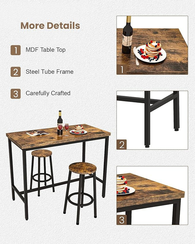 Recaceik 3 Piece Pub Dining Set, Modern bar Table and Stools for 2 Kitchen Counter Height Wood Top Bistro Easy Assemble for Breakfast Nook Living Room Small Space Restaurant, Rustic Brown 39” - LeafyLoom