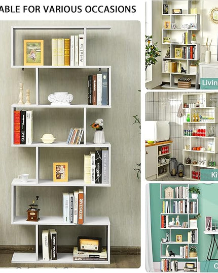 BETTARY 6-Tier Bookshelf, Freestanding S-Shaped Geometric Display Shelf, Modern Tall Bookcase for Home Office, Living Room, Bedroom, White - LeafyLoom