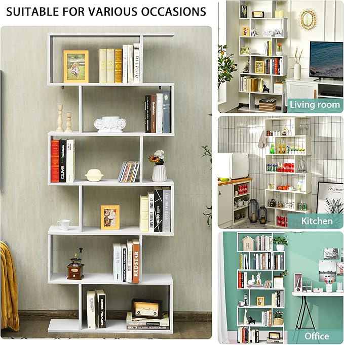 BETTARY 6-Tier Bookshelf, Freestanding S-Shaped Geometric Display Shelf, Modern Tall Bookcase for Home Office, Living Room, Bedroom, White - LeafyLoom
