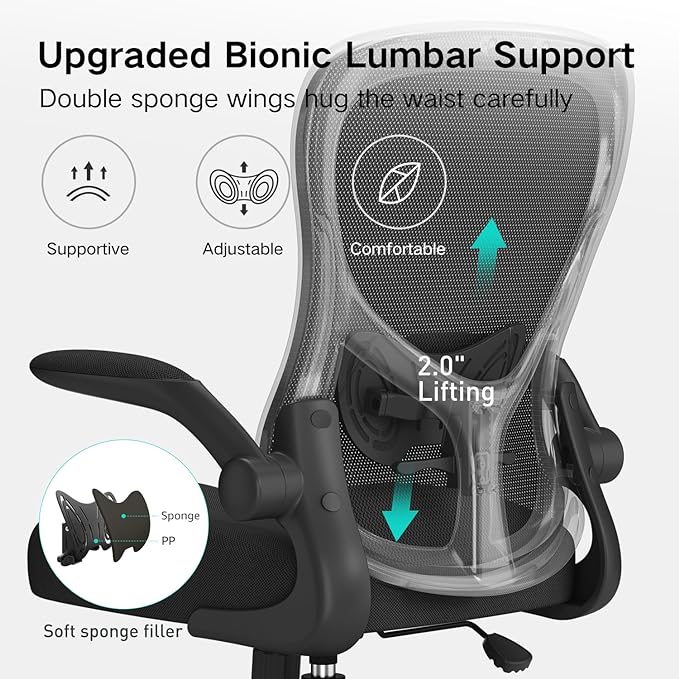 Hbada Office Chair Ergonomic Desk Chair, Office Chairs with PU Silent Wheels, Breathable Mesh Computer Chair with Adjustable Lumbar Support, Flip-up Armrests, Tilt Function, Black - LeafyLoom