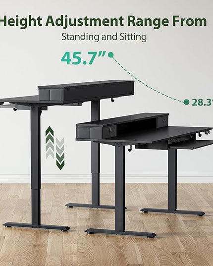 Electric Standing Desk with 2 Drawers and Keyboard Tray, 55 x 24 Inches Ergonomic Adjustable Height Desk with Storage, Sit Stand up Desk Computer Workstation, Black - LeafyLoom