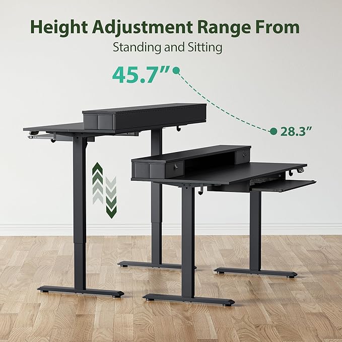 Electric Standing Desk with 2 Drawers and Keyboard Tray, 55 x 24 Inches Ergonomic Adjustable Height Desk with Storage, Sit Stand up Desk Computer Workstation, Black - LeafyLoom
