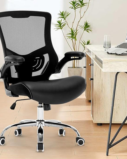 Office Chair Ergonomic Desk Chair with PU Leather Cushion Home Office Desk Chair, Computer Task Chair with Adjustable Lumbar Support & Flip-up Arms Swivel Mesh Back Executive Chair - LeafyLoom