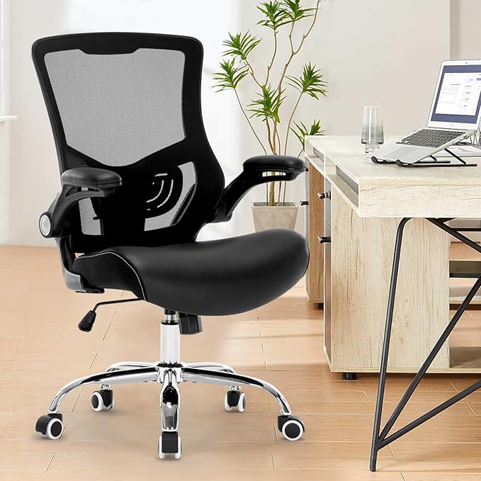 Office Chair Ergonomic Desk Chair with PU Leather Cushion Home Office Desk Chair, Computer Task Chair with Adjustable Lumbar Support & Flip-up Arms Swivel Mesh Back Executive Chair - LeafyLoom