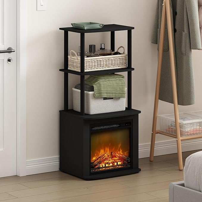 Furinno Turn-N-Tube 2-Tier Tall TV Entertainment Side Table Display Rack with Fireplace Insert, Americano/Black - LeafyLoom