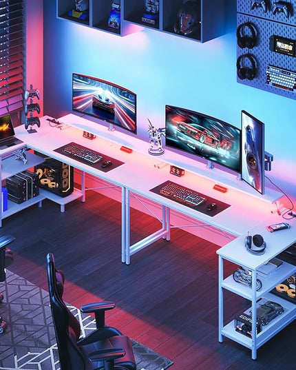 ODK 58 Inch Gaming Desk with USB Charging Ports and LED Lights, Reversible L Shaped Computer Desk with Storage Shelves & Monitor Stand, Corner Home Office Desk Table with Power Outlets, White - LeafyLoom