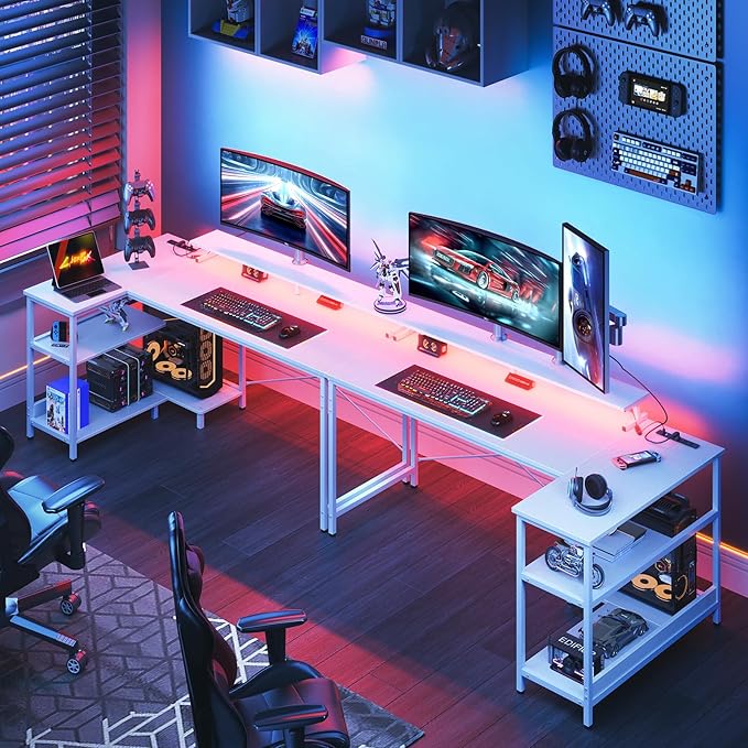 ODK 58 Inch Gaming Desk with USB Charging Ports and LED Lights, Reversible L Shaped Computer Desk with Storage Shelves & Monitor Stand, Corner Home Office Desk Table with Power Outlets, White - LeafyLoom