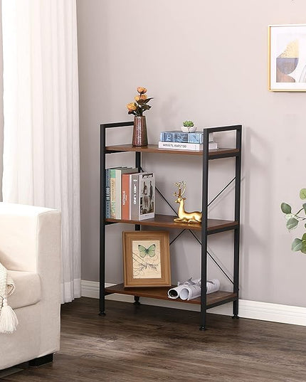 BEWISHOME 3 Tier Bookshelf, Rustic Small Book Shelf for Small Spaces, Brown Wooden Shelves for Bedroom Living Room and Home Office, 13.58" D x 24.21" W x 37" H, JCJ32Z - LeafyLoom