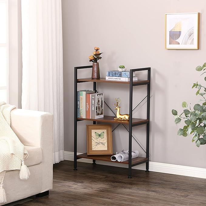 BEWISHOME 3 Tier Bookshelf, Rustic Small Book Shelf for Small Spaces, Brown Wooden Shelves for Bedroom Living Room and Home Office, 13.58" D x 24.21" W x 37" H, JCJ32Z - LeafyLoom