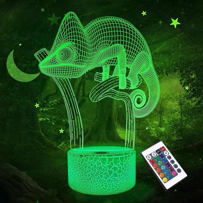 FULLOSUN Chameleon 3D Night Light Lizard Projection LED Lamp Baby Nursery Nightlight for Kids' Room Home Decor Xmas Birthday Gifts with Remote Control 16 Color Changing - LeafyLoom