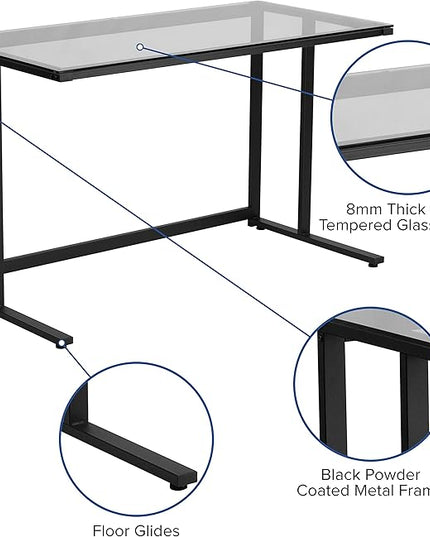 Flash Furniture Singleton Glass Desk with Black Pedestal Metal Frame - LeafyLoom