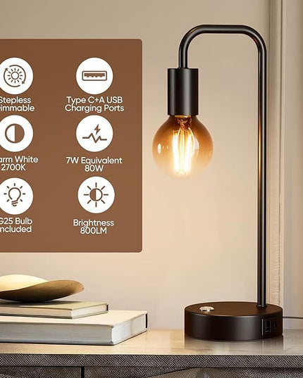 QiMH Industrial Table Lamps for Living Room, Farmhouse Table Lamp with USB A+C Ports, Minimalist Bedside Lamps set of 2, Touch Control Stepess Dimmable,8W G80 Globe Bulb, Black Lamps for Bedroom - LeafyLoom