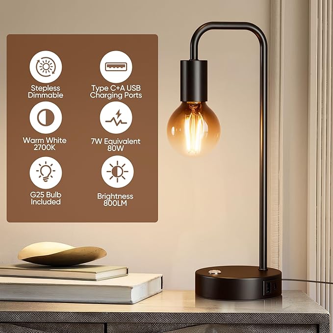 QiMH Industrial Table Lamps for Living Room, Farmhouse Table Lamp with USB A+C Ports, Minimalist Bedside Lamps set of 2, Touch Control Stepess Dimmable,8W G80 Globe Bulb, Black Lamps for Bedroom - LeafyLoom
